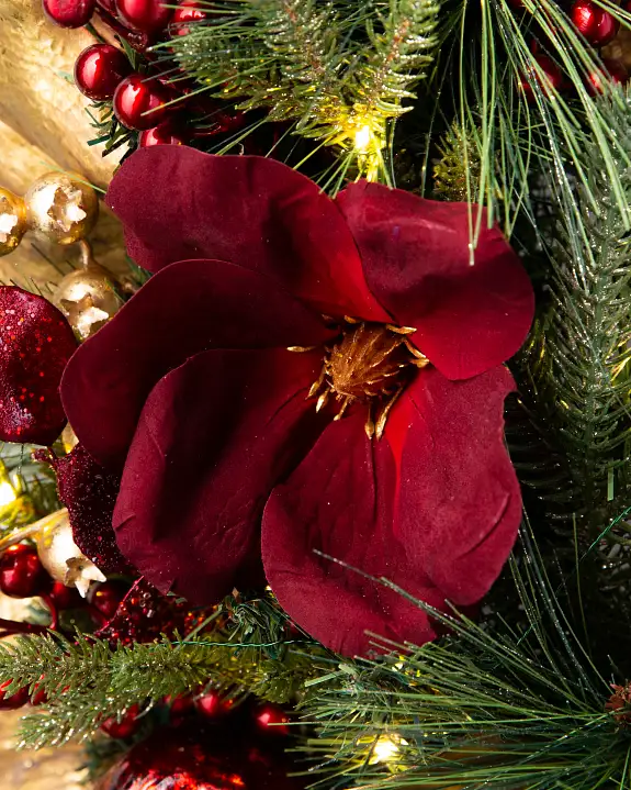 Guirlanda de Natal 90 cm com LED, Magnólias Vermelhas e Folhagens Douradas