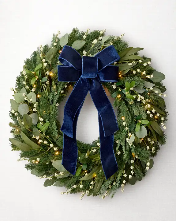 Guirlanda de Natal 90 cm com LED, Laço Azul e Folhagens Verdes