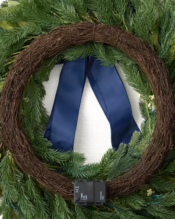 Guirlanda de Natal 90 cm com LED, Laço Azul e Folhagens Verdes