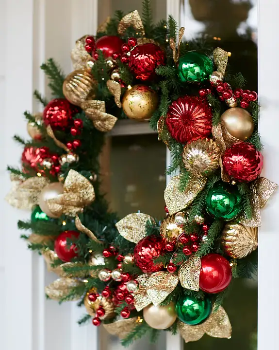 Guirlanda de Natal 90 cm com LED, Bolas Decorativas e Folhas Douradas