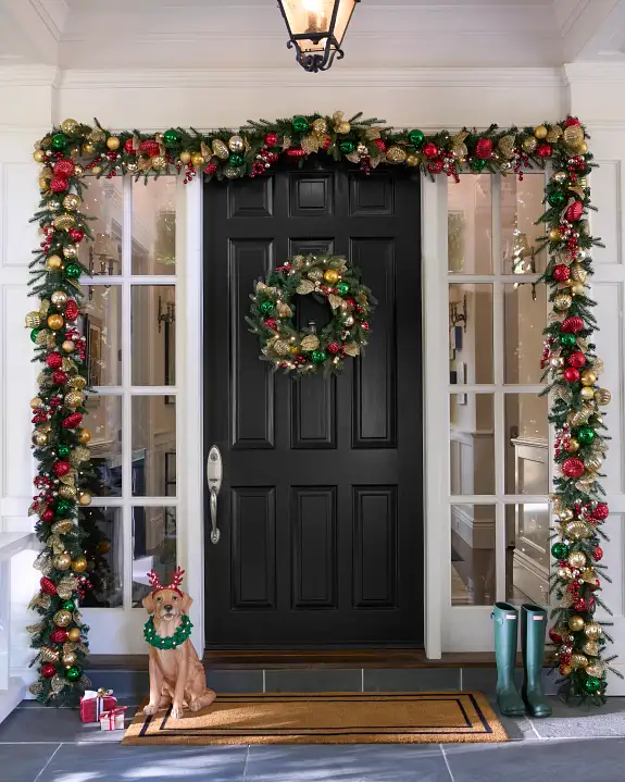 Guirlanda de Natal 90 cm com LED, Bolas Decorativas e Folhas Douradas