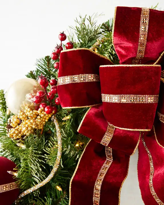Guirlanda de Natal 90 cm com LED, Laço Vermelho, Bolas Douradas e Frutas Vermelhas