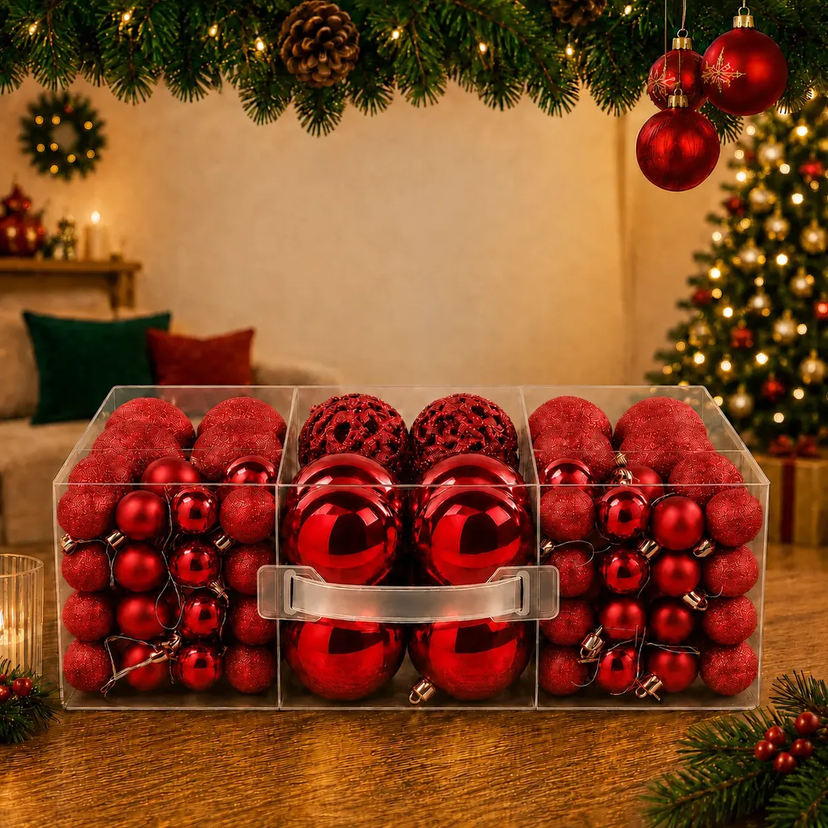 Kit 100 Bolas de Natal Vermelhas 3 cm, 4 cm e 6 cm + Ponteira Estrela + Maleta Organizadora