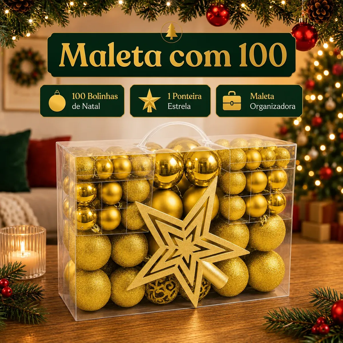 Kit 100 Bolas de Natal Douradas 3 cm, 4 cm e 6 cm + Ponteira Estrela + Maleta Organizadora