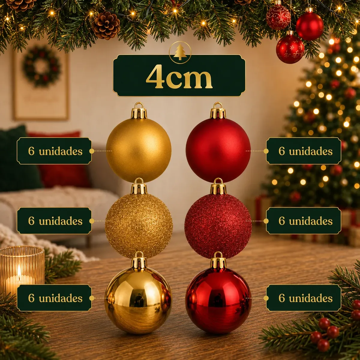 Kit 100 Bolas de Natal Vermelho e Dourado 3 cm, 4 cm e 6 cm + Ponteira Estrela Dourada